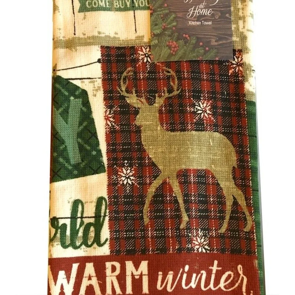 Christmas Kitchen Dish Towels Deer Cabin 100% Cotton Warm Winter Wishes Set of 2